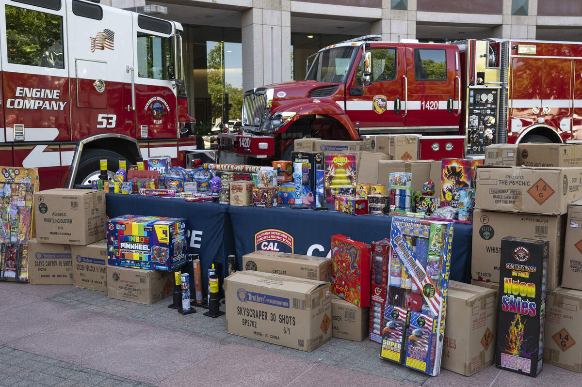 Examples of illegal fireworks are displayed during a Cal Fire press conference about fireworks safety at Shriners Children’s Northern California hospital in Sacramento on Thursday, June 25, 2026.